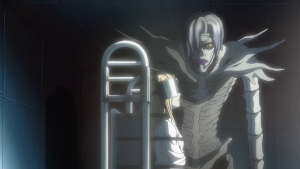 The Shinigami Rem standing protectively behind Misa Amane, who is restrained, in the Death Note anime.