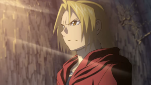 A close-up shot of a determined Edward Elric from Fullmetal Alchemist Brotherhood, with golden light in the background.