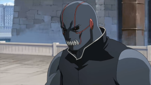 The homunculus Greed, with his Ultimate Shield activated, showing his menacing grin in Fullmetal Alchemist Brotherhood.