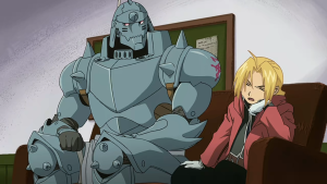 Edward and Alphonse Elric from Fullmetal Alchemist Brotherhood, with Al in his suit of armor and Ed looking thoughtful.