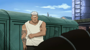 The Ishvalan warrior Scar, a complex antagonist, shown with his distinctive arm tattoos in Fullmetal Alchemist Brotherhood.
