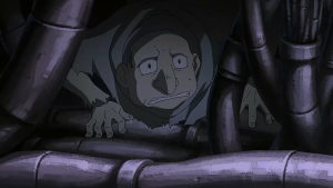 A tense and claustrophobic scene from Fullmetal Alchemist Brotherhood, showing the darker, more mysterious side of the story.