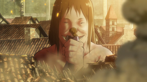 The Smiling Titan eating Carla Yeager during the fall of Shiganshina in Attack on Titan.