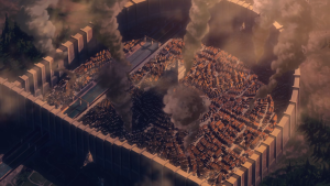 Aerial view of a walled city under attack with smoke rising, from the anime Attack on Titan.