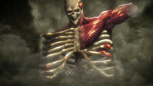 The Colossal Titan peering over Wall Maria at Eren and Armin in Attack on Titan.