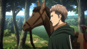 Jean Kirstein standing beside his horse in a forest, wearing the Survey Corps uniform in Attack on Titan.