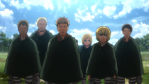 Members of the 104th Training Corps, including Jean, Reiner, Bertolt, Annie, Armin, and Historia, in Attack on Titan.