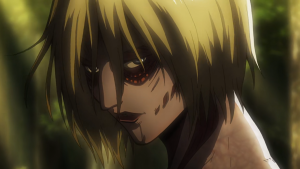 Close-up of the Female Titan's face during the forest chase sequence in Attack on Titan Season 1.