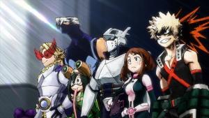 Several Class 1-A students including Bakugo, Uraraka, and Tsuyu in their hero costumes looking determined in My Hero Academia.