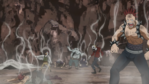 Eijiro Kirishima using his Hardening Quirk against multiple low-level villains during the USJ incident in My Hero Academia.