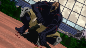 The monstrous Nomu violently pinning down Shota Aizawa (Eraser Head) during the USJ attack in My Hero Academia.