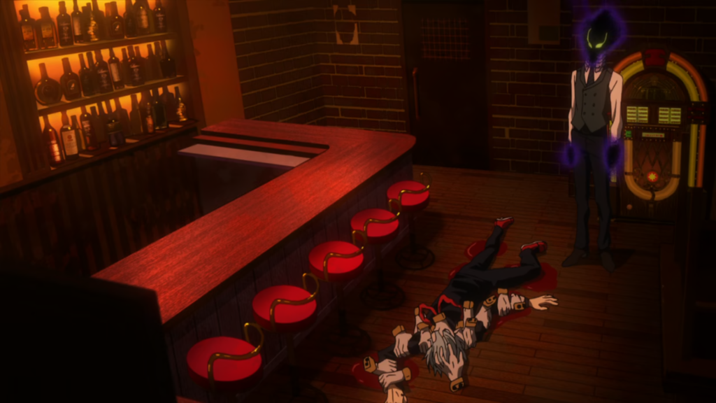 Tomura Shigaraki lying injured on the floor of a bar with Kurogiri standing nearby in My Hero Academia.