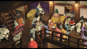 The bustling interior of Yubaba's bathhouse, filled with various spirits and workers, from Studio Ghibli's Spirited Away.