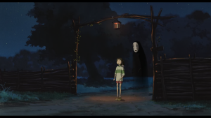 Chihiro standing under a gate at night while the enigmatic spirit No-Face watches from the shadows in Spirited Away.