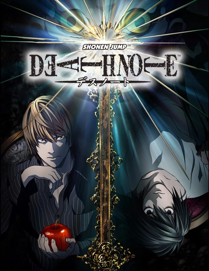 Official poster for the Death Note anime featuring Light Yagami holding the Death Note, L, and the Shinigami Ryuk.